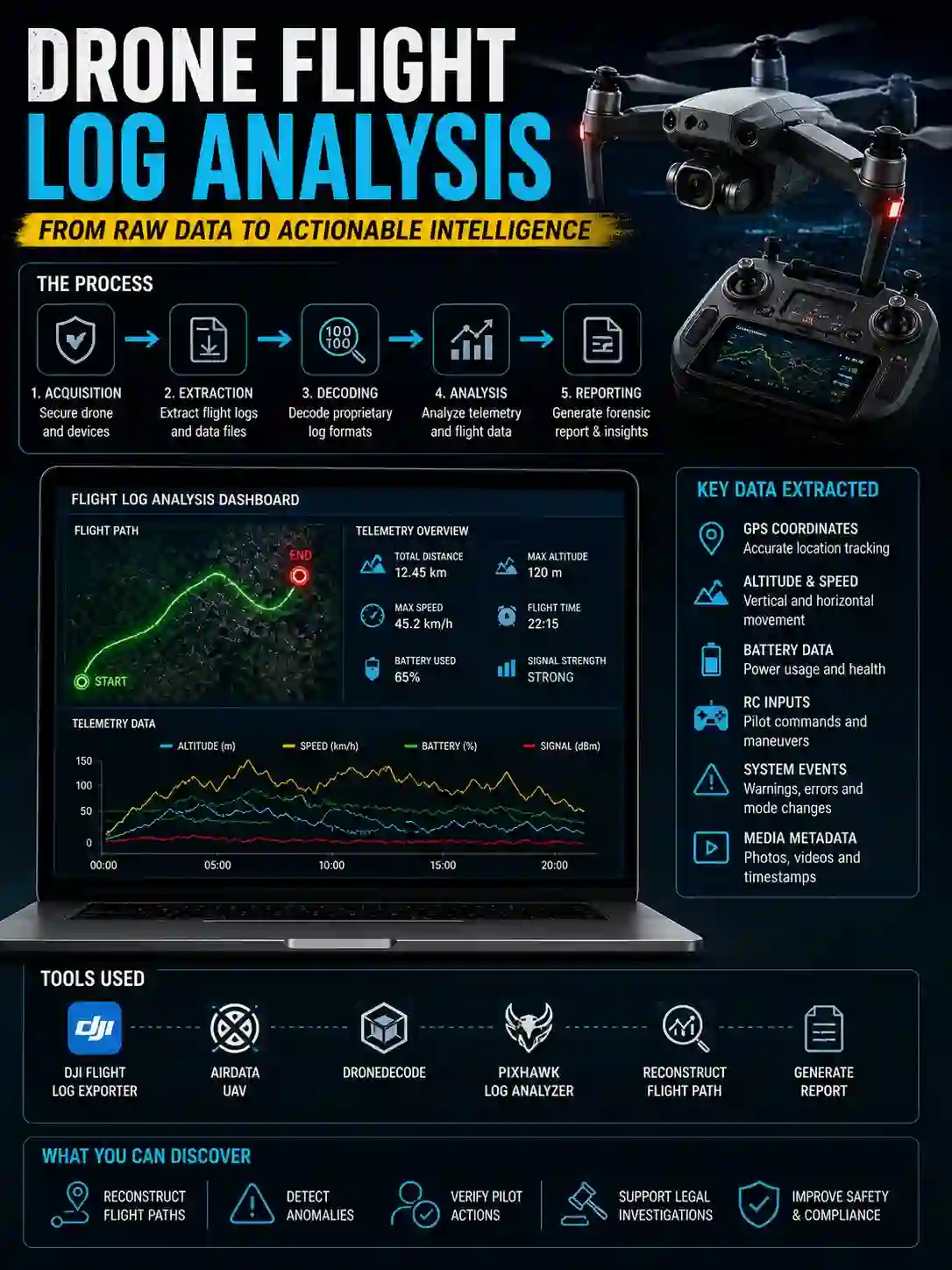Drone flight log analysis workflow showing UAV data extraction, telemetry data analysis, and GPS flight path reconstruction dashboard