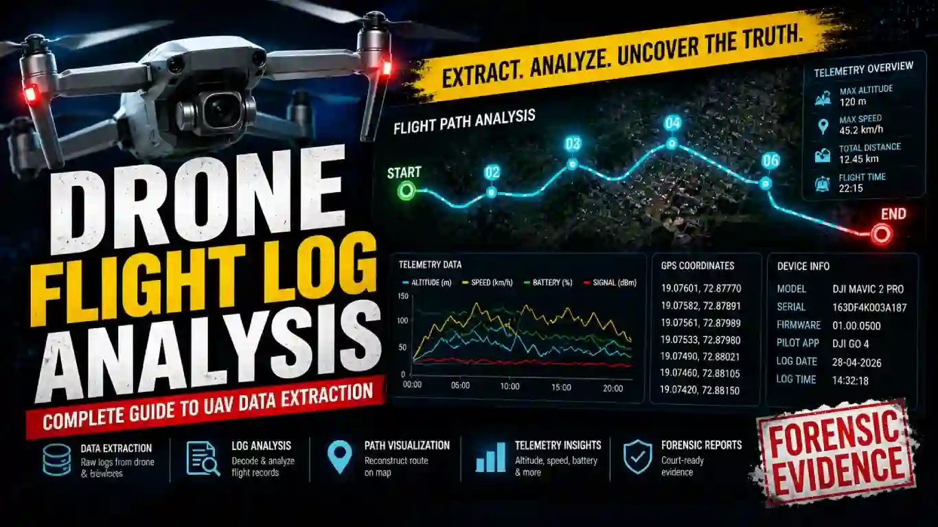 Drone flight log analysis showing UAV telemetry data, GPS tracking map, and data extraction process for forensic investigation