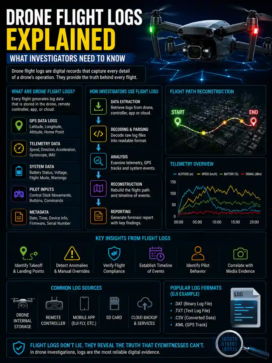 Drone flight logs infographic showing UAV telemetry data, GPS flight path reconstruction, and drone flight log analysis workflow