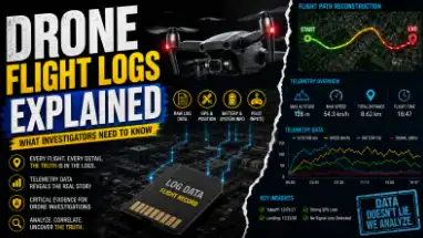 Drone flight logs analysis visualization showing UAV telemetry data, GPS flight path reconstruction, and forensic investigation dashboard