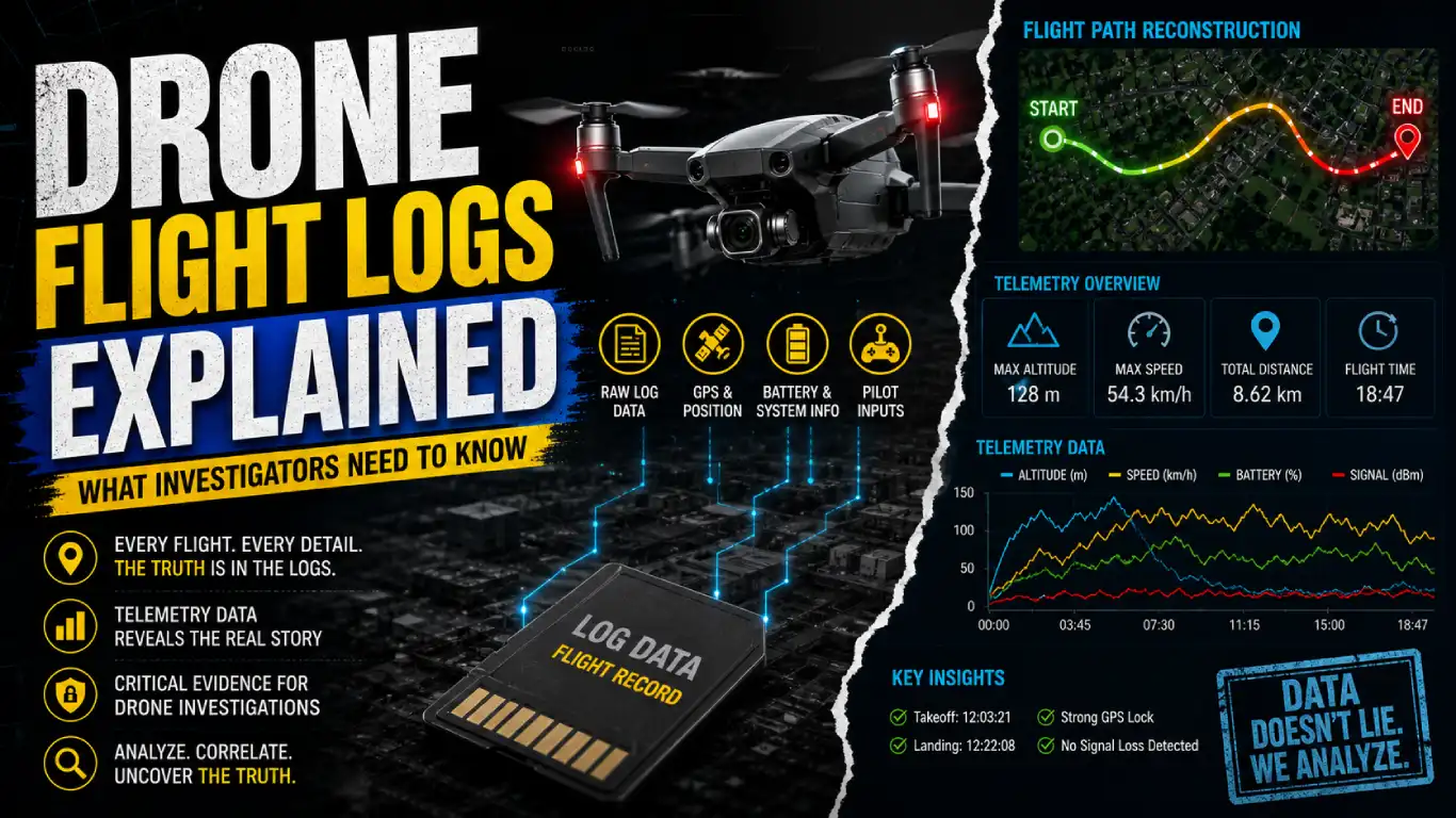 Drone flight logs analysis visualization showing UAV telemetry data, GPS flight path reconstruction, and forensic investigation dashboard