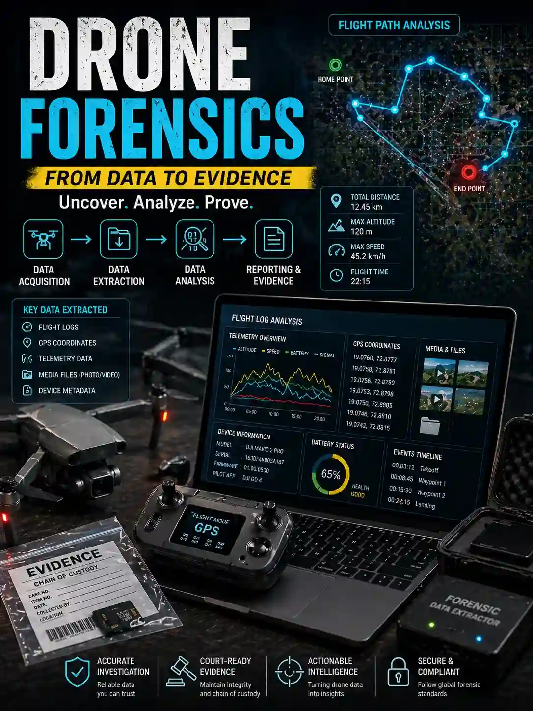 Drone forensics workflow showing data acquisition, extraction, analysis, and flight path investigation with UAV telemetry and GPS mapping