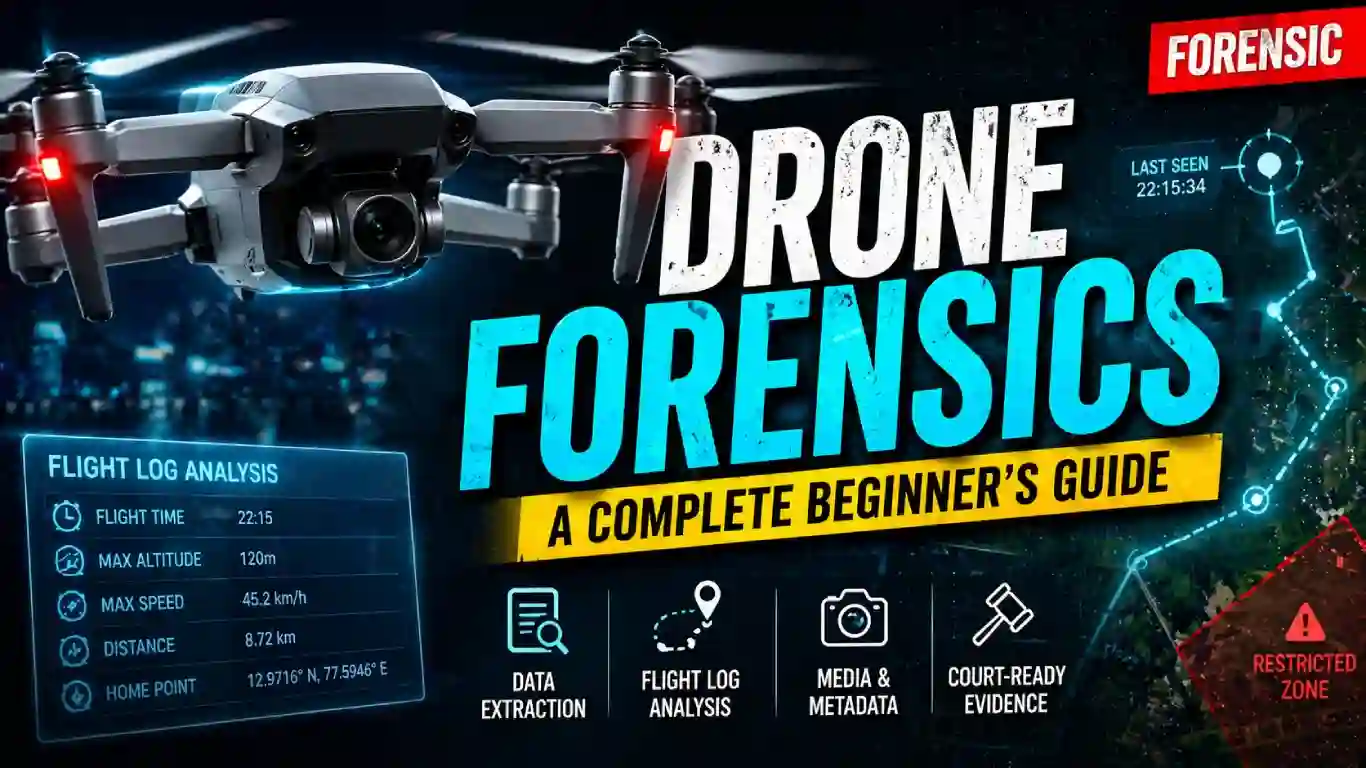 Drone forensics analysis showing UAV data extraction, flight log visualization, and GPS tracking investigation